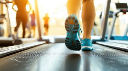 Legs of a girl running on a treadmill in the gym.