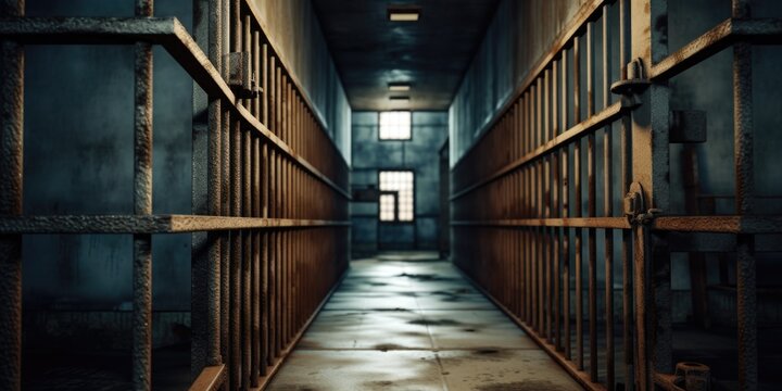 A long hallway inside a jail cell. Can be used to depict the interior of a prison or as a symbol of confinement