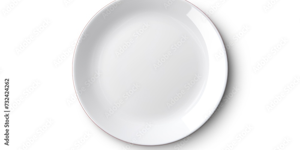 Poster a simple white plate with a red rim placed on a white surface. suitable for various culinary and din