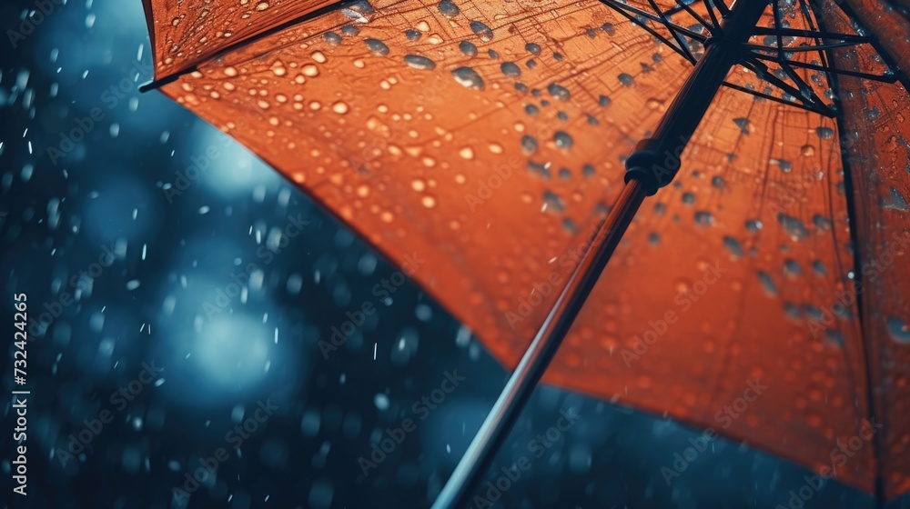 Poster a close up shot of an umbrella in the rain. perfect for weather-related designs and concepts