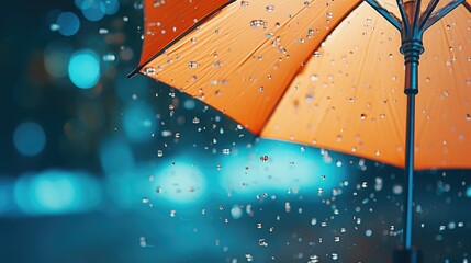 An orange umbrella with water droplets. Can be used to depict protection from rain or a rainy day
