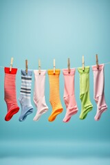 A row of socks hanging on a clothes line. Perfect for laundry, clothing, or fashion-related designs
