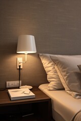 A simple nightstand with a lamp and a book on it. Perfect for illustrating a cozy bedroom or a peaceful reading corner