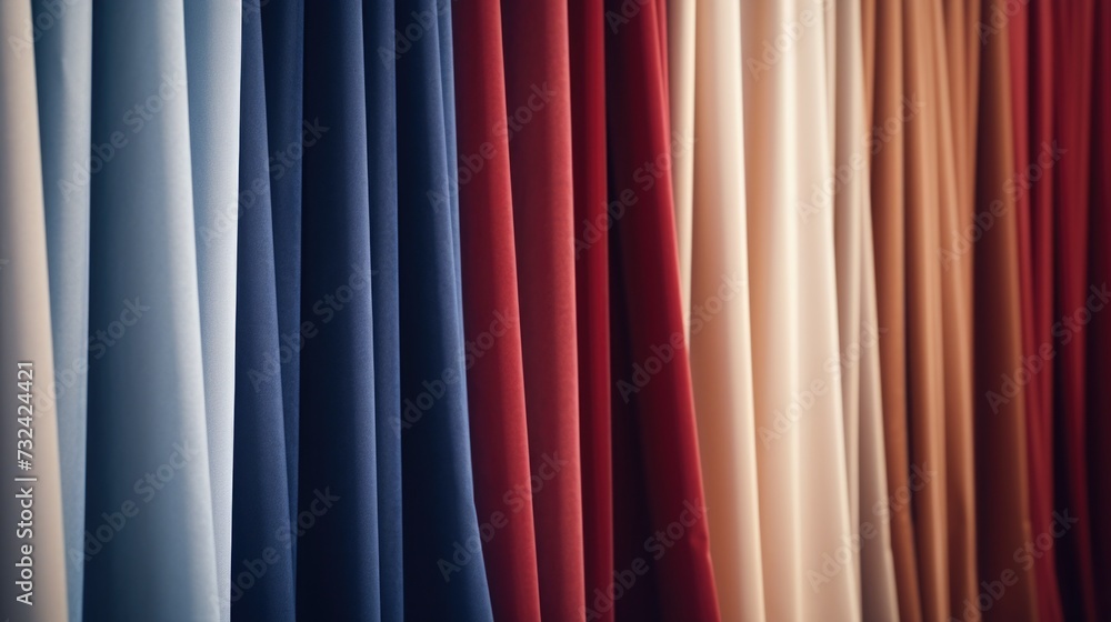 Poster a collection of various colored curtains hanging on a wall. perfect for adding a pop of color to any