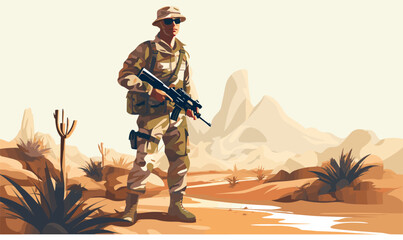 man soldier in desert isolated vector style with transparent background illustration - obrazy, fototapety, plakaty
