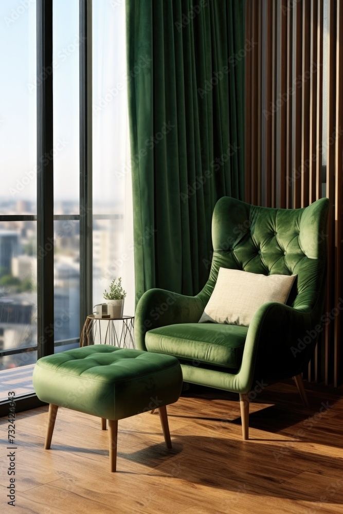 Poster a green chair and ottoman placed in front of a window. suitable for interior design concepts