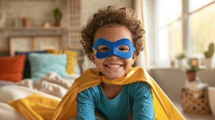 A young child with curly hair wearing a blue mask and a yellow cape sitting on a bed with a smile surrounded by colorful pillows and a potted plant in the background.
