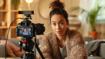 A woman with a camera on a tripod smiling at the camera in a cozy living room setting.