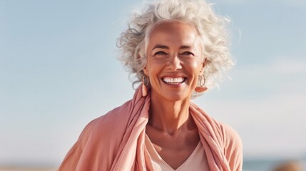 Fototapeta na wymiar Smiling elderly woman with curly white hair wearing a pink scarf standing outdoors with a bright sky in the background.