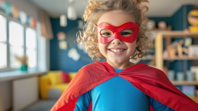 Young girl with curly hair wearing a red superhero mask and a blue cape with a red collar smiling brightly in a cozy room with a bookshelf and colorful decorations.