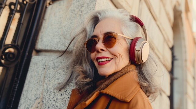 Smiling elderly woman with gray hair wearing sunglasses and headphones leaning against a building with a warm golden-hour glow.
