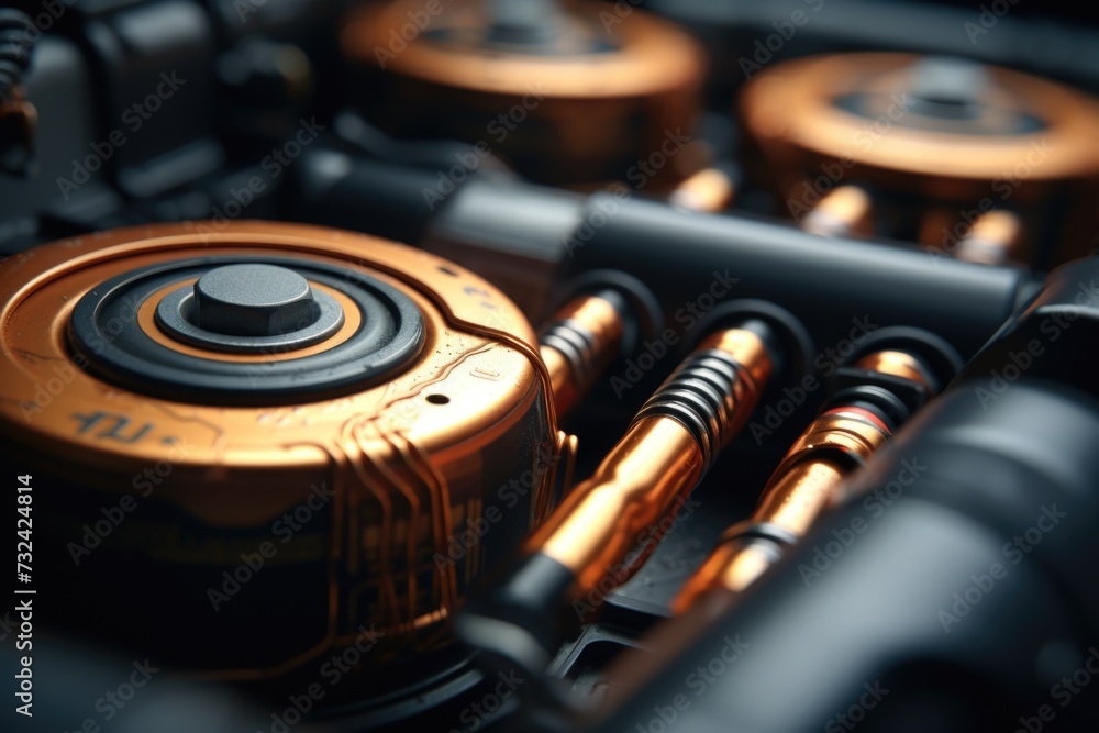 Poster close-up view of a car engine with various parts. ideal for automotive industry publications and mec