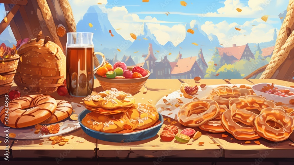 Poster a table filled with a variety of mouth-watering food and refreshing drinks. perfect for any occasion