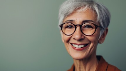 Smiling elderly woman with gray hair wearing glasses and a brown top against a soft green background.