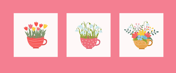 Set of spring hand drawn elements. Floral decor. Flowers, branches, bouquets, watering can, teapot, birdhouse. Spring holidays. Perfect for Valentine's Day, Women's Day, Easter, Mother's Day