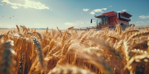 A red combiner machine in a beautiful wheat field. Perfect for agricultural and farming concepts