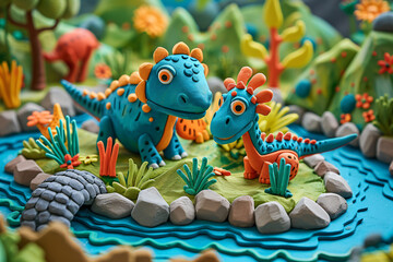 Artistic clay dinosaur models by a river in a Jurassic setting. Creative scene with handmade dinosaur sculptures in a natural habitat. Prehistoric ecosystem concept