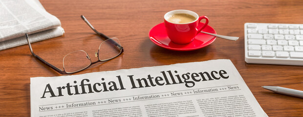 A newspaper on a wooden desk - Artificial Intelligence - 732424877