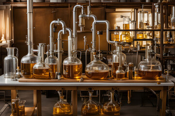 bottles and glasses. liquid distillation room in a chemistry laboratory