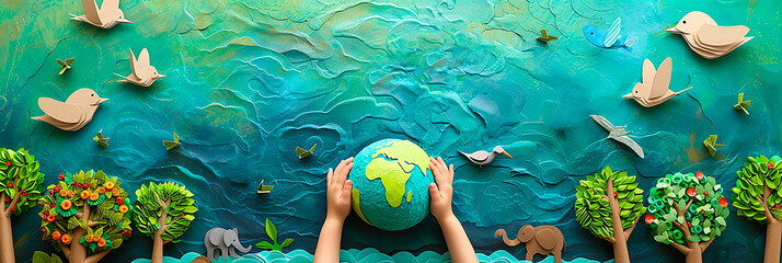 Close-up image of a child holding an earth-like sphere in his hand against a background of nature and animals made of paper - obrazy, fototapety, plakaty