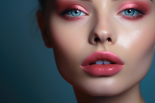 Close-up view of a woman's face with pink makeup. Versatile image suitable for beauty, fashion, and cosmetic related projects
