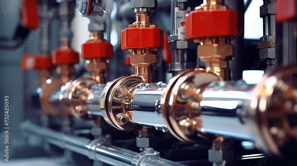 Poster a detailed view of a collection of pipes and valves. suitable for industrial and mechanical concepts