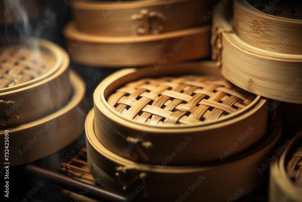 Poster A close up view of a bunch of baskets neatly arranged on a shelf. This versatile image can be used for various purposes