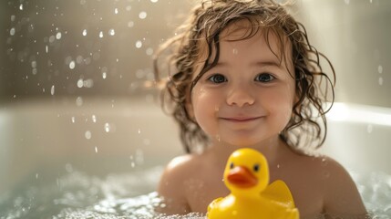 A joyful child with wet hair smiling at the camera holding a yellow ru bber duck in a bathtub with water splashing around.