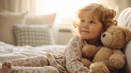 Young girl with blonde hair wearing pajamas with a floral pattern holding a large brown teddy bear sitting on a bed with white sheets and pillows looking up with a smile.