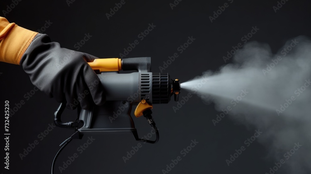 Poster A person wearing a glove is using a spray gun to spray something. This image can be used to depict various scenarios involving spraying or painting