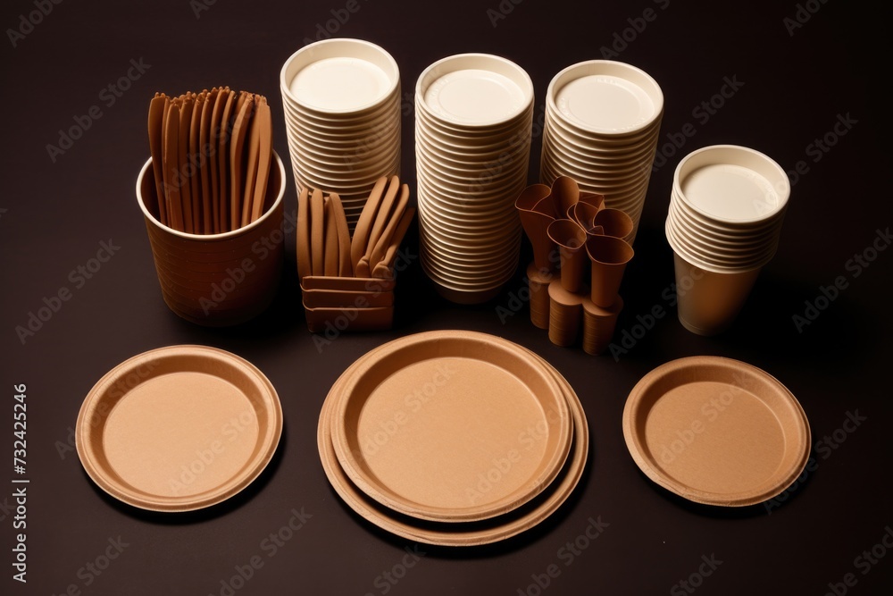 Poster a collection of paper plates and cups neatly arranged on a table. ideal for party decorations and di