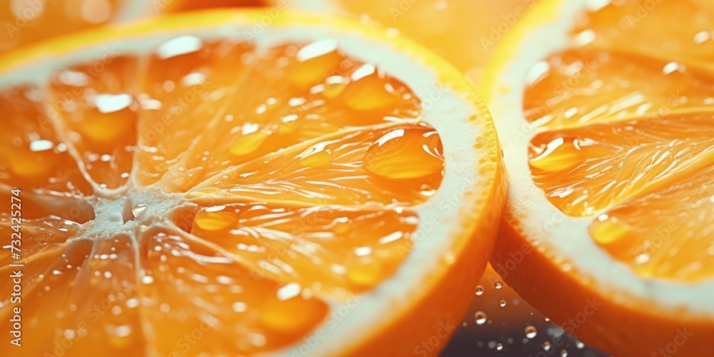 Poster a close-up view of an orange sliced in half. this image can be used to depict freshness, healthy eat