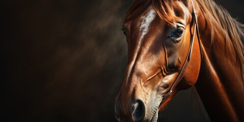 Obraz premium A detailed close-up of a horse's head against a black background. This image can be used for various purposes