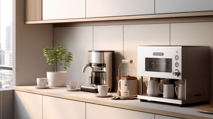 A coffee machine placed on a kitchen counter. Perfect for illustrating coffee preparation and home brewing.