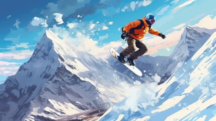 Naklejka na ściany i meble A man riding a snowboard down a snow-covered mountain. Suitable for winter sports and adventure-themed projects