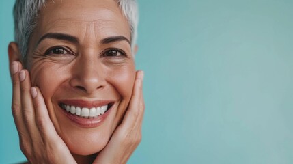 Smiling woman with short gray hair holding her cheeks against a light blue background.