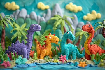 Artistic clay dinosaur models by a river in a Jurassic setting. Creative scene with handmade dinosaur sculptures in a natural habitat. Prehistoric ecosystem concept