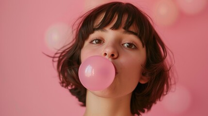 Naklejka premium A young woman with short hair wearing a pink bubblegum in her mouth against a pink background with bokeh light effects.