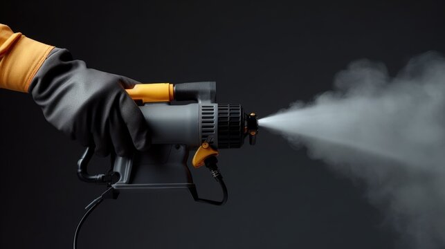 A person wearing a glove is using a spray gun to spray something. This image can be used to depict various scenarios involving spraying or painting