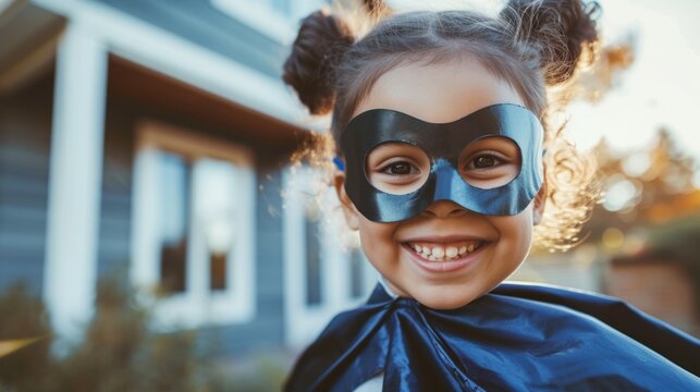 Young child dressed as superhero wearing blue mask and cape standing in front of house with yellow flowers in background.