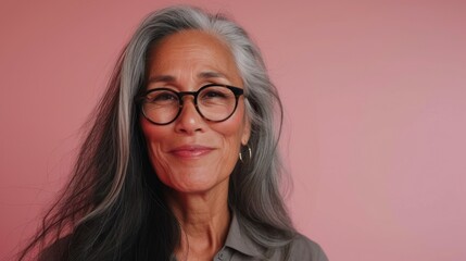 Woman with gray hair glasses and a smile wearing a light-colored blouse against a pink background.