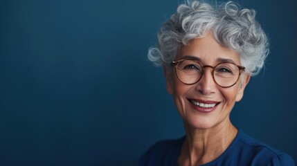 A smiling older woman with curly gray hair and glasses wearing a blue top against a blue background. - 732425420