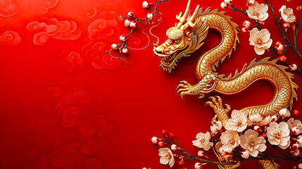 Gold dragon and plum blossoms on red background