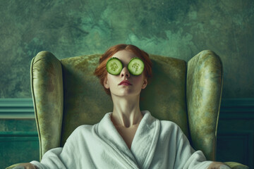 Girl sitting on single sofa, applying cucumber mask on her eyes - obrazy, fototapety, plakaty