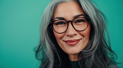 Smiling woman with gray hair and glasses against teal background.