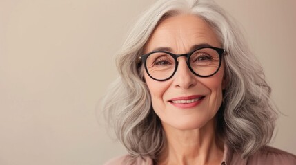 A woman with gray hair wearing glasses smiling and looking directly at the camera. - Powered by Adobe