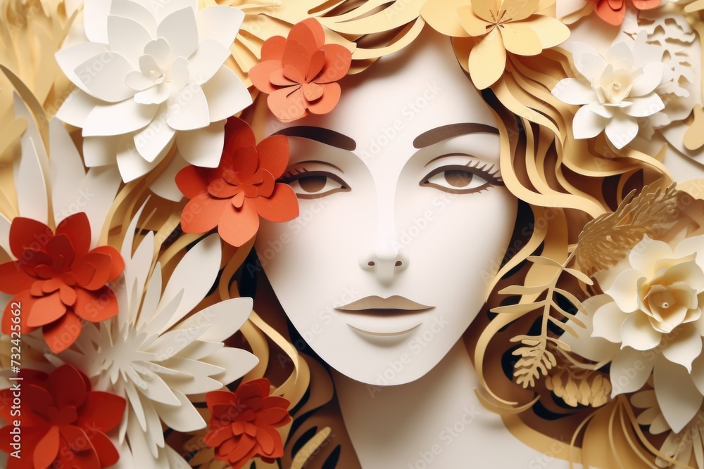 Poster a close-up of a woman's face surrounded by delicate paper flowers. perfect for adding a touch of bea