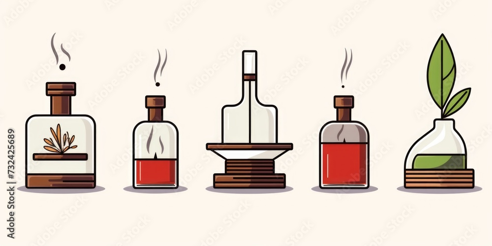Poster A collection of bottles containing different types of liquids. Perfect for illustrating variety and diversity in a range of contexts
