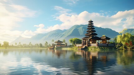 A serene image of a pagoda situated in the middle of a peaceful lake. Perfect for travel brochures or tranquil-themed designs