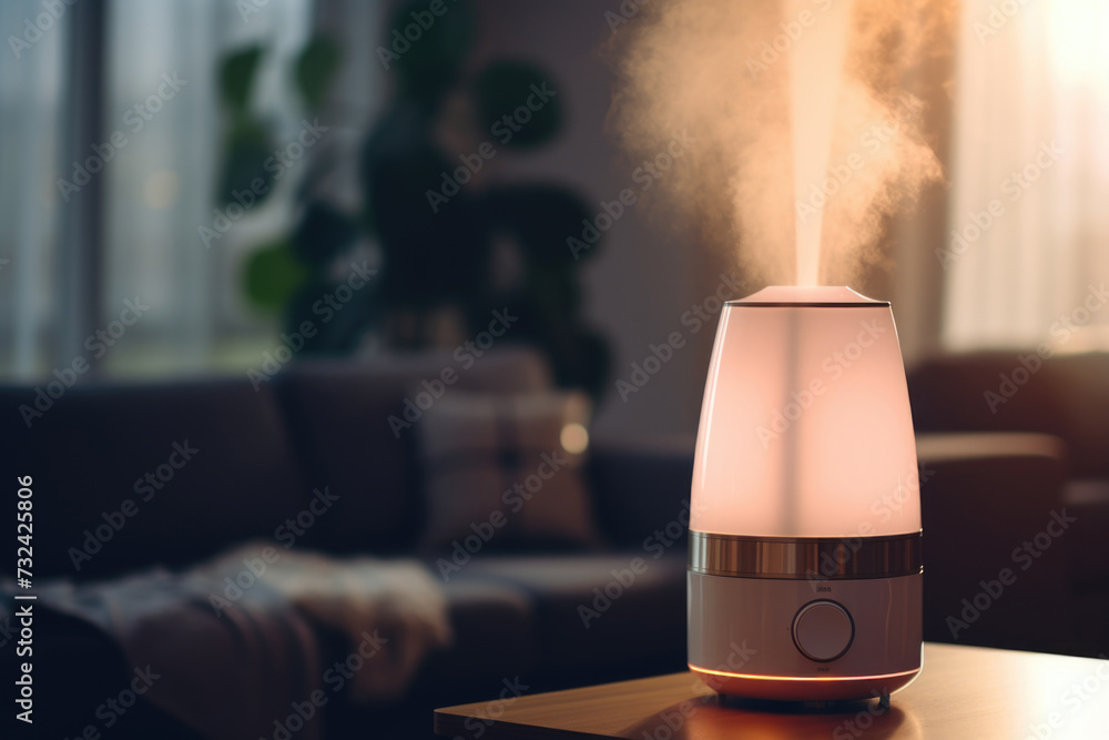 Poster A compact and straightforward description of a humidifier sitting on top of a wooden table. This versatile image can be used in various contexts